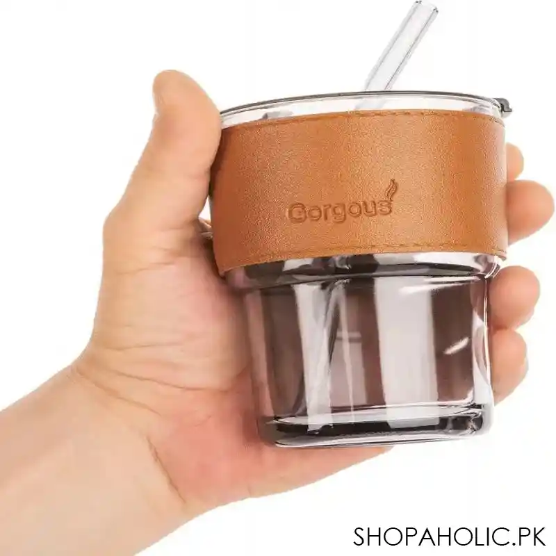 leather cover coffee cup with straw and lid 400ml image2