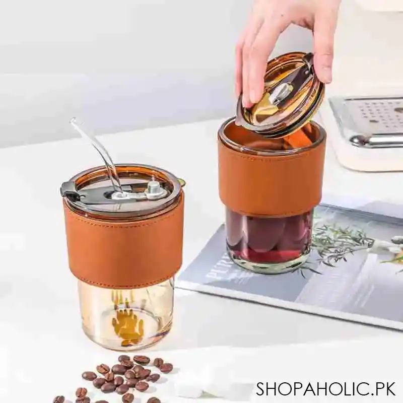 leather cover coffee cup with straw and lid 400ml image4