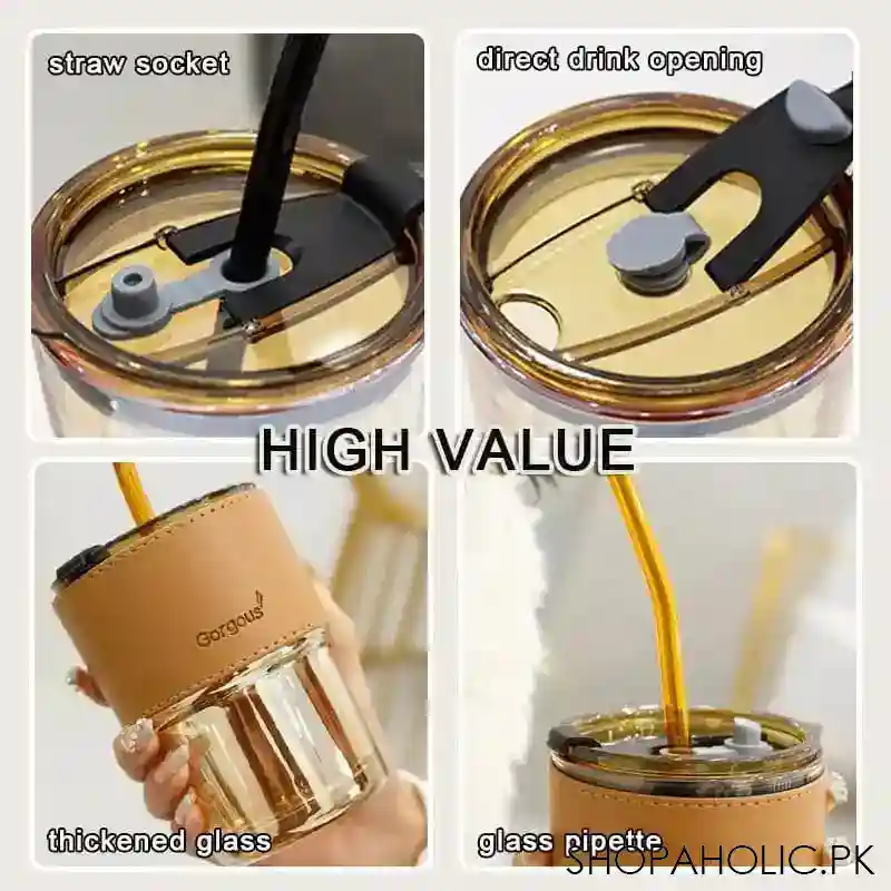 leather cover coffee cup with straw and lid 400ml image5