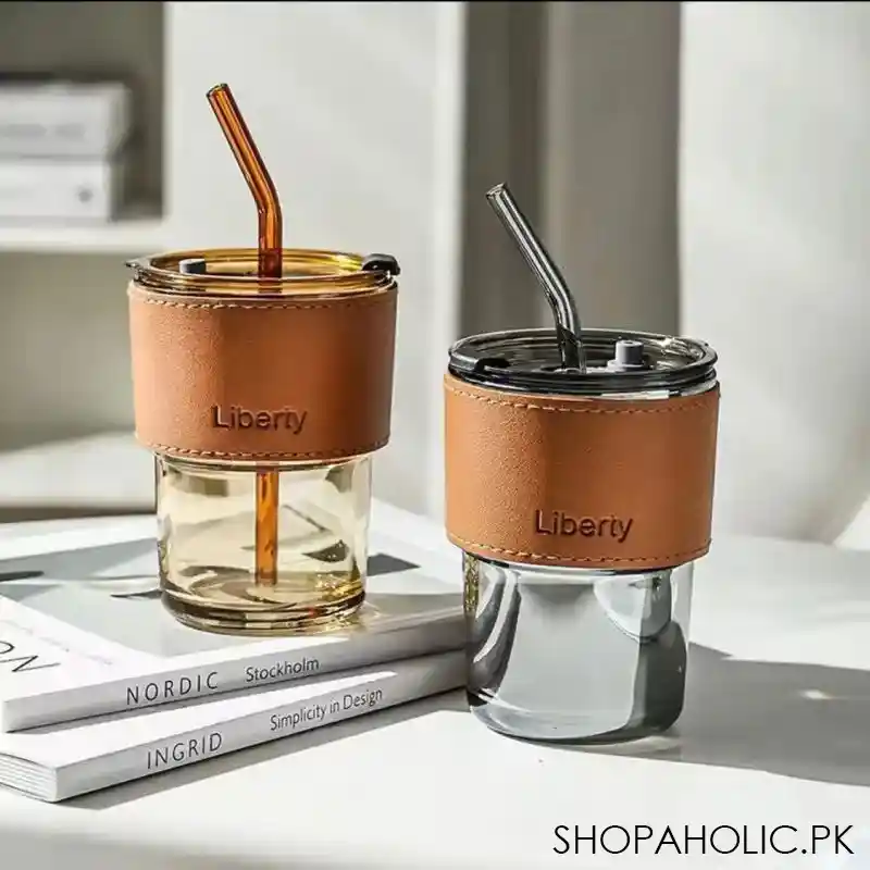 leather cover coffee cup with straw and lid 400ml main image