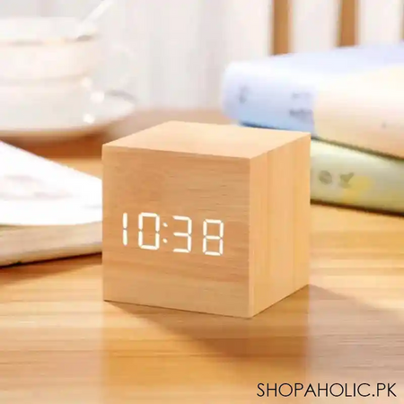 led digital wooden cube alarm clock main image