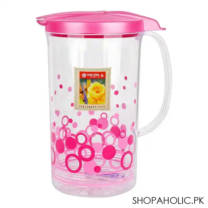 Lion Star Fiorita Plastic Water Jug With Lid & Handle, 2 Liter, Pink, K-20 - Main Image