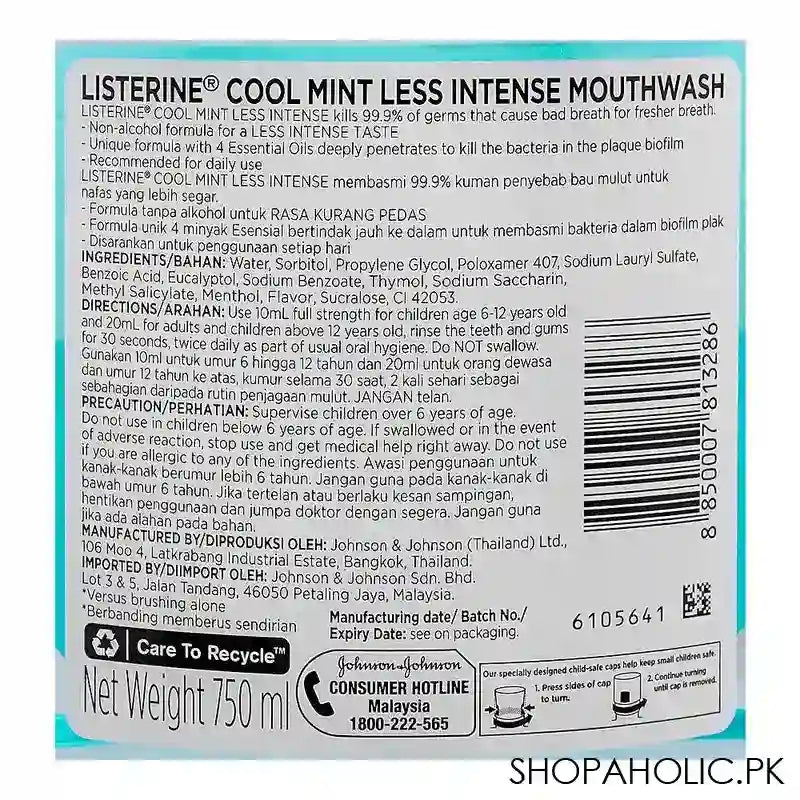Listerine Cool Mint Less Intense Mouth Wash, 750ml - Image 2