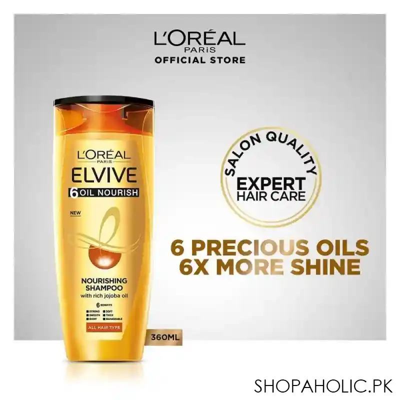 l'oreal paris 6 oil nourish scalp + hair nourishing shampoo, for all hair types, 360ml main image