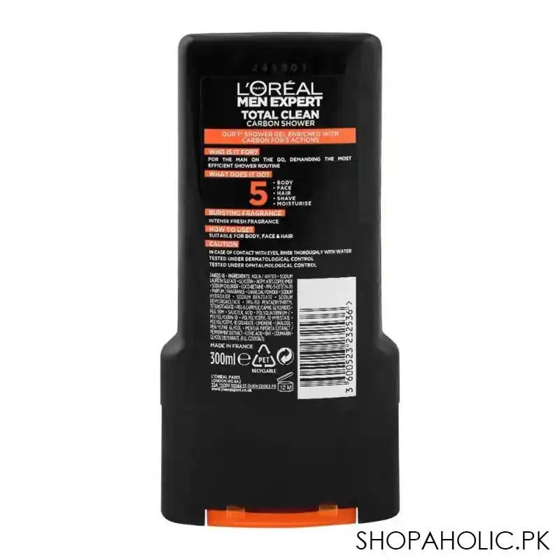 l'oreal paris men expert total clean 5 in 1 body + face + hair shower gel, total action carbon, 300ml image2