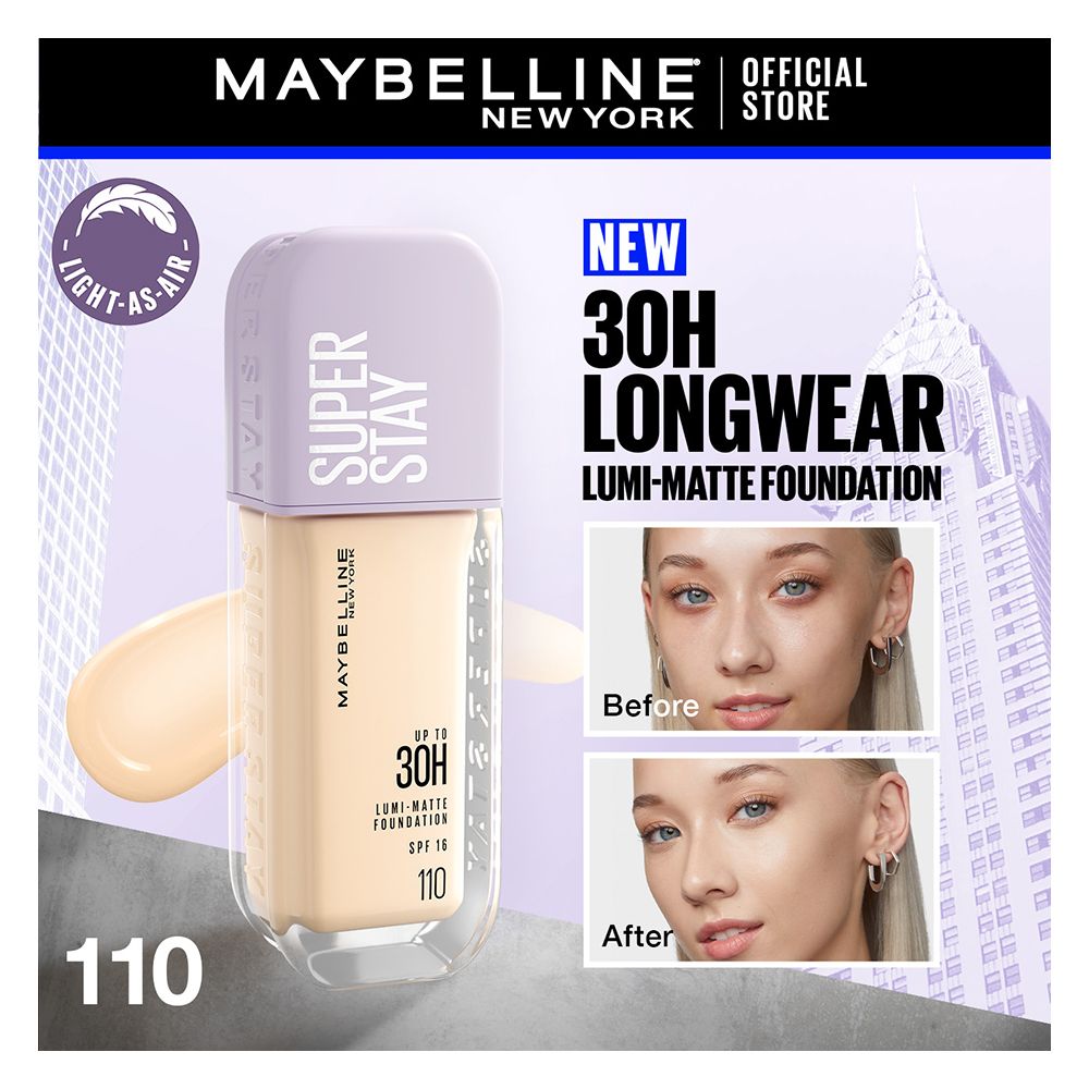 Maybelline New York Superstay Lumi Matte Liquid Foundation With SPF-16, 30H Weightless Longwear, 30ml, 110 - Main Image