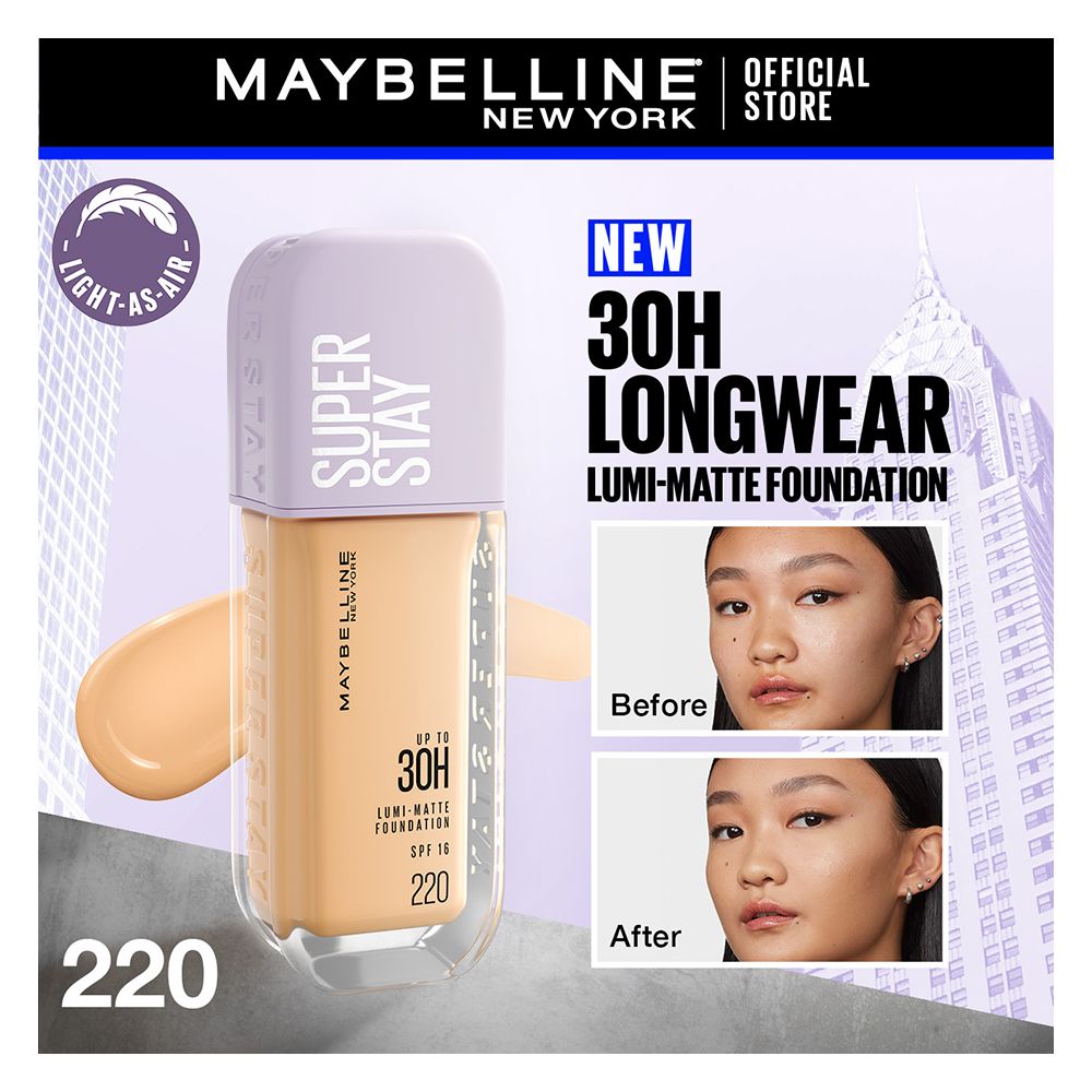 Maybelline New York Superstay Lumi Matte Liquid Foundation With SPF-16, 30H Weightless Longwear, 30ml, 220 - Main Image