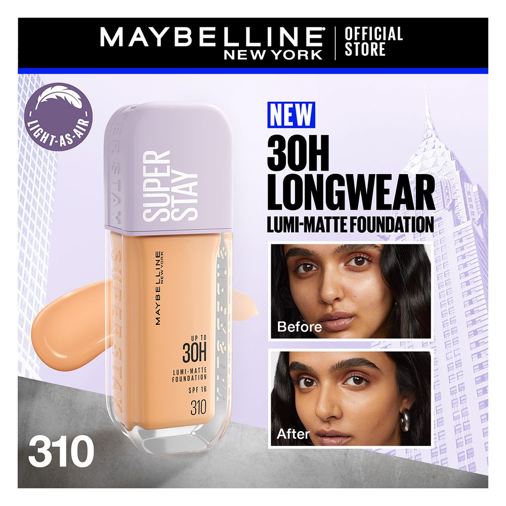 Maybelline New York Superstay Lumi Matte Liquid Foundation With SPF-16, 30H Weightless Longwear, 30ml, 310 - Main Image