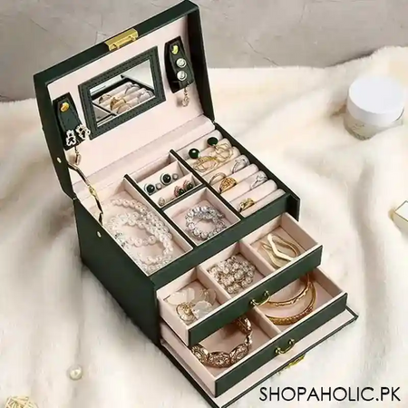 luxurious 3 layers leather jewelry organizer with mirror and lock image3