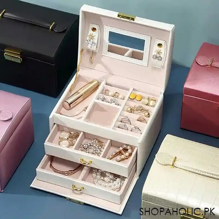 luxurious 3 layers leather jewelry organizer with mirror and lock image4