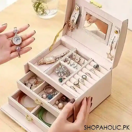 luxurious 3 layers leather jewelry organizer with mirror and lock image5