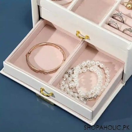 luxurious 3 layers leather jewelry organizer with mirror and lock image6
