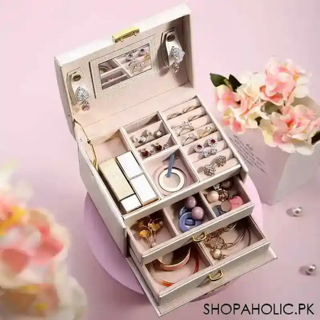luxurious 3 layers leather jewelry organizer with mirror and lock image7