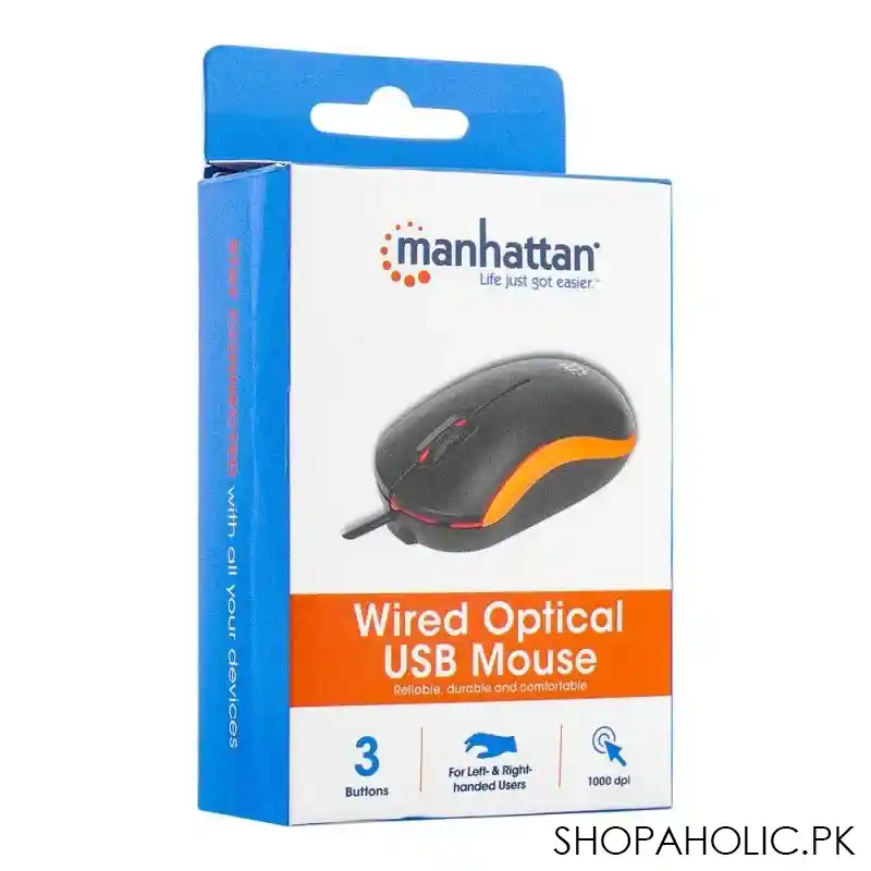 manhattan wired optical usb mouse, for right/left handed users, 3 buttons, black/orange, 190091 image4