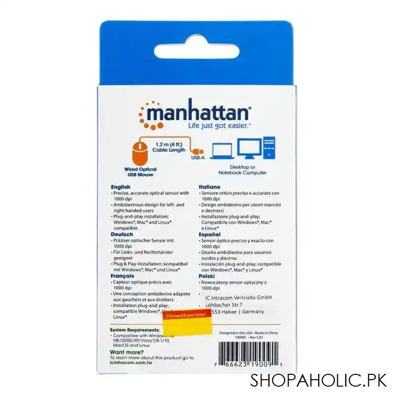 manhattan wired optical usb mouse, for right/left handed users, 3 buttons, black/orange, 190091 image5