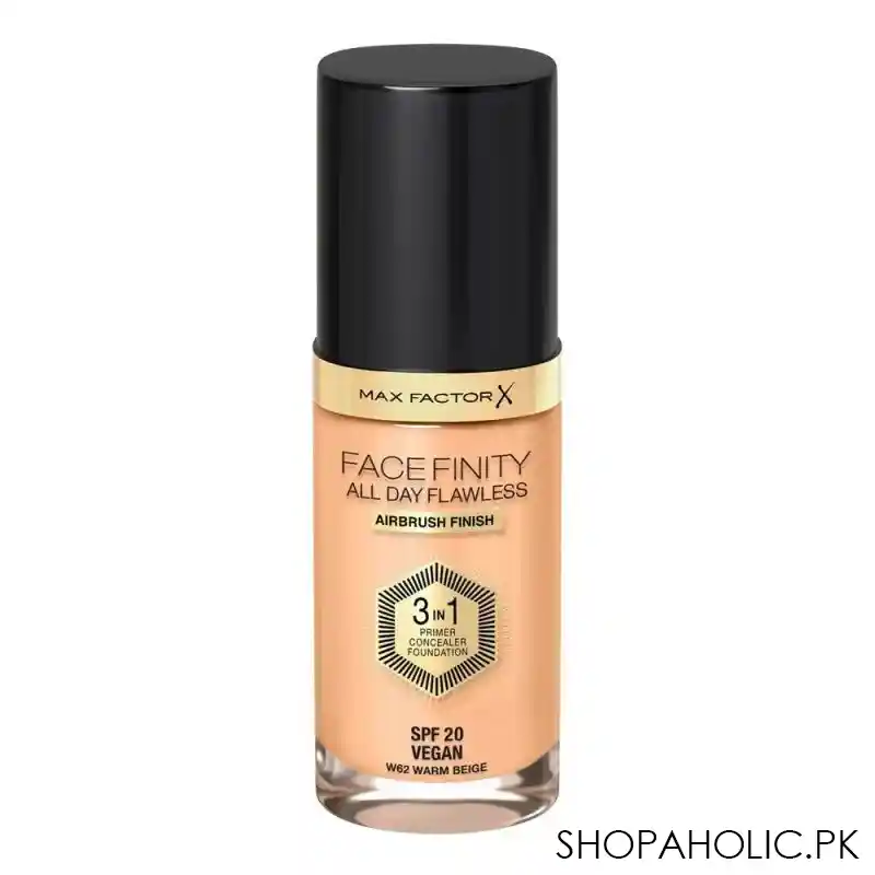 max factor facefinity all day flawless airbrush finish, 3 in 1 foundation, w62, warm beige main image
