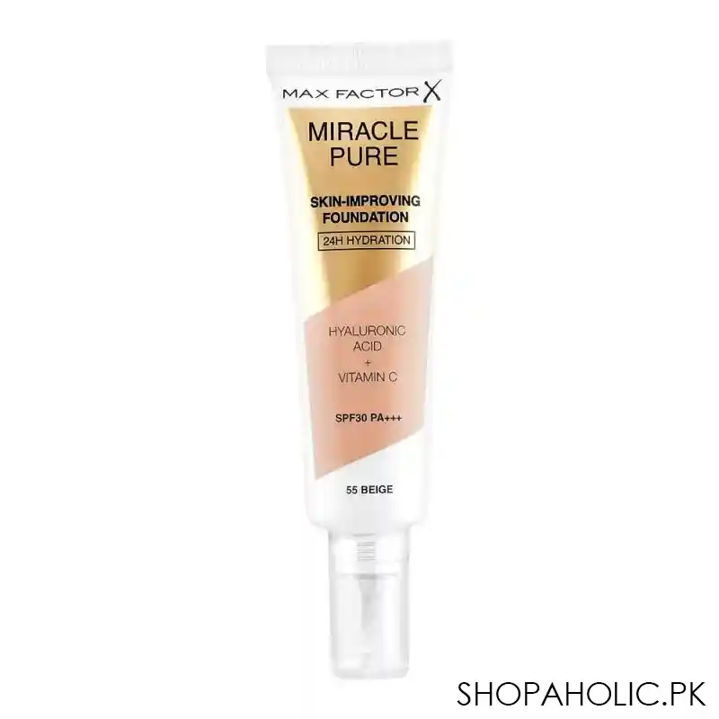 max factor miracle pure 24 hours hydration hyaluronic acid + vitamin c skin improving foundation, 55 beige, 30ml main image