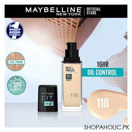 Maybelline Fit Me Matte + Poreless Foundation, 118 Light Beige, 30ml - Main Image