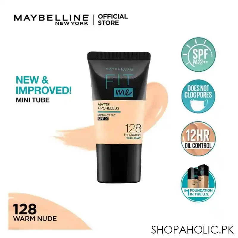 maybelline fit me matte + poreless liquid foundation, 128, warm nude, 18ml main image