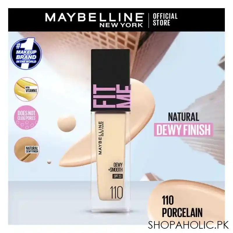 maybelline new york fit me dewy + smooth liquid foundation, spf 30 110 porcelain, 30ml main image