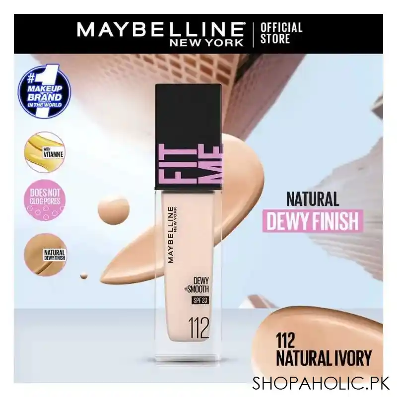 maybelline new york fit me dewy + smooth liquid foundation, spf 30 112 natural ivory, 30ml main image