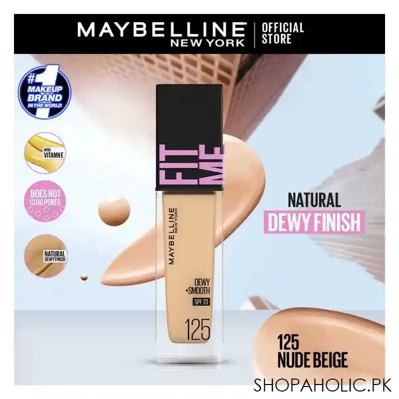 maybelline new york fit me dewy + smooth liquid foundation, spf 30 125 nude beige, 30ml main image