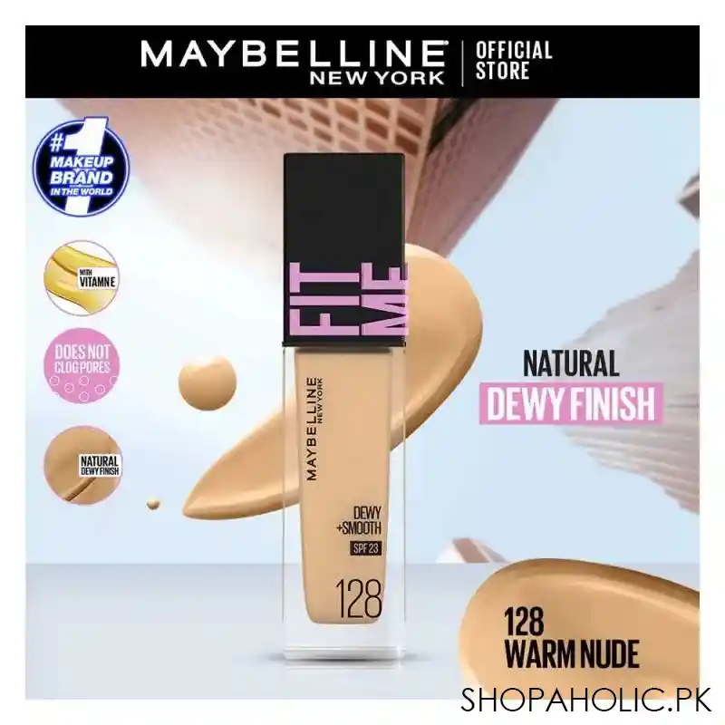 maybelline new york fit me dewy + smooth liquid foundation, spf 30 128 warm nude, 30ml main image