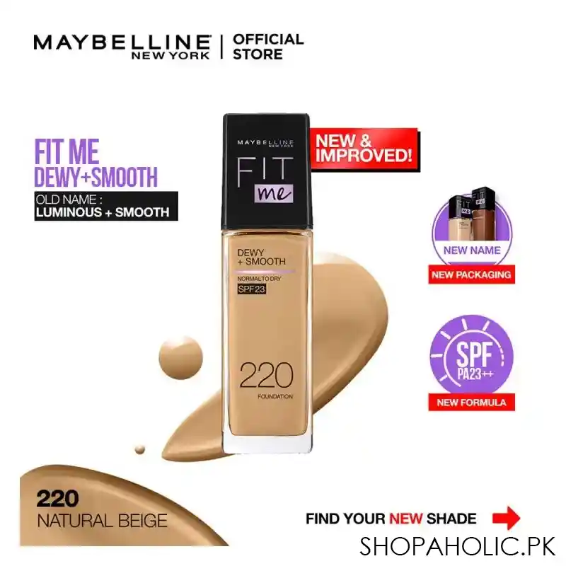maybelline new york fit me dewy + smooth liquid foundation, spf 30 220 natural beige, 30ml image2