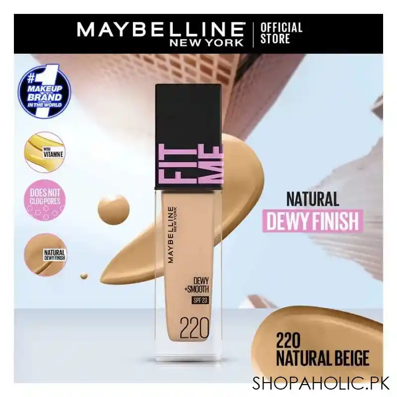 maybelline new york fit me dewy + smooth liquid foundation, spf 30 220 natural beige, 30ml main image