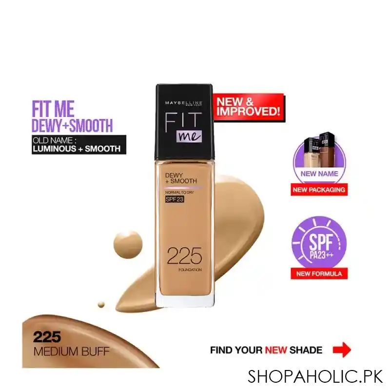 maybelline new york fit me dewy + smooth liquid foundation, spf 30 225 medium buff, 30ml image2