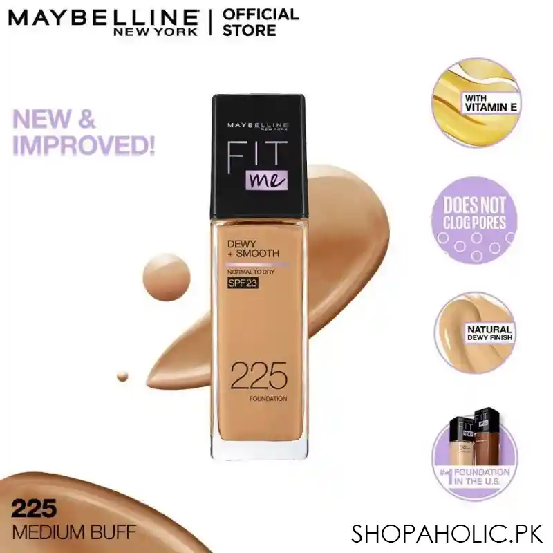 maybelline new york fit me dewy + smooth liquid foundation, spf 30 225 medium buff, 30ml main image