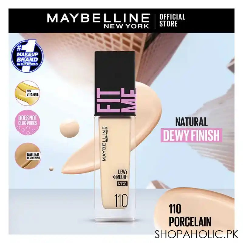 Maybelline New York Fit Me Dewy + Smooth SPF 30 Foundation Pump, 110 Porcelain - Image 3