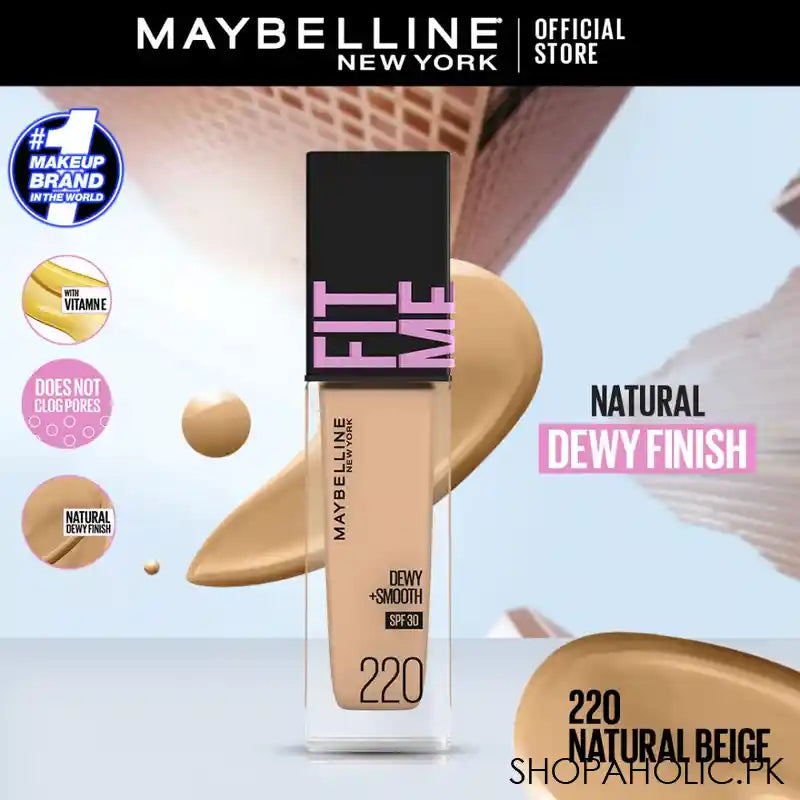 Maybelline New York Fit Me Dewy + Smooth SPF 30 Foundation Pump, 220 Natural Beige, 30ml - Image 2