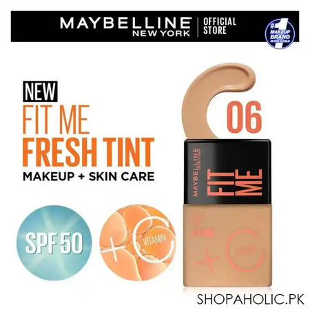 maybelline new york fit me fresh tint with spf 50 & vitamin c, natural coverage foundation, for daily use, shade 06, 30ml main image
