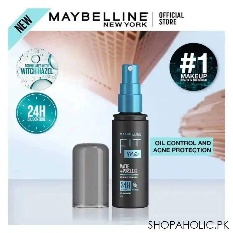 maybelline new york fit me matte + poreless setting spray, transfer proof, 24h oil control formula with witch hazel, 60 ml main image