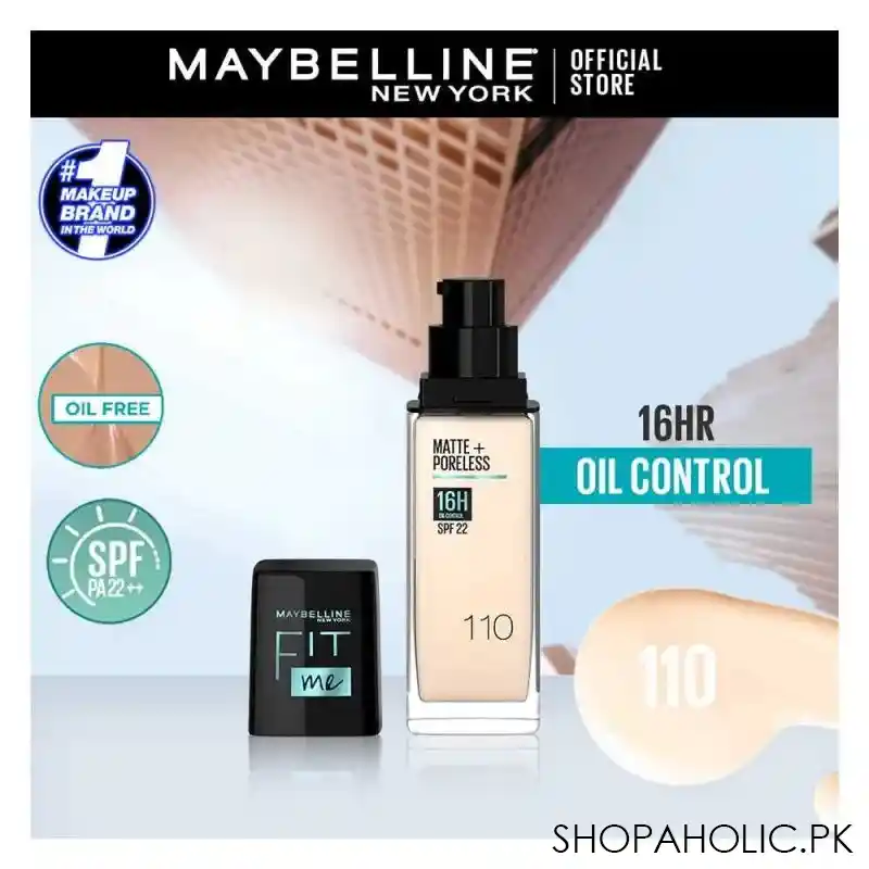 maybelline new york fit me matte + poreless spf 22 foundation, 110 porcelain, 30ml main image