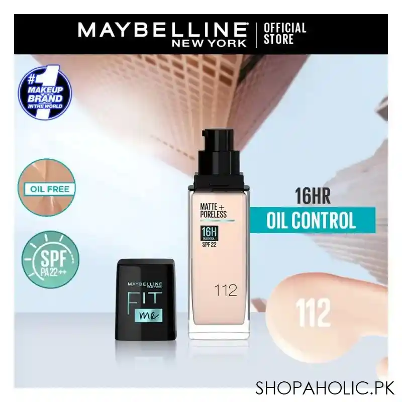 maybelline new york fit me matte + poreless spf 22 foundation, 112 natural ivory, 30ml main image