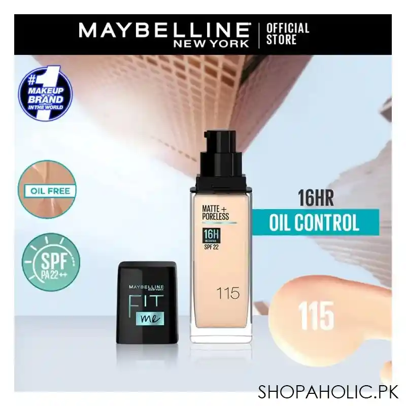 maybelline new york fit me matte + poreless spf 22 foundation, 115 ivory, 30ml main image