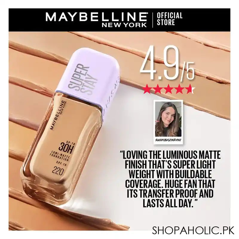 Maybelline Superstay Lumi Matte Liquid Foundation With SPF-16, 30H Weightless Longwear, 30ml, 220 - Image 6
