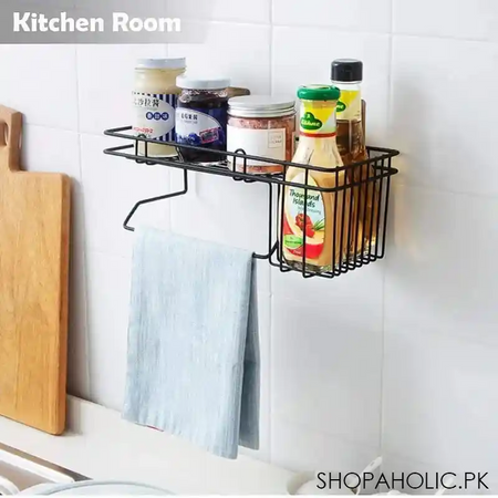 metal wall mounted storage shelf with towel hanging rack image2