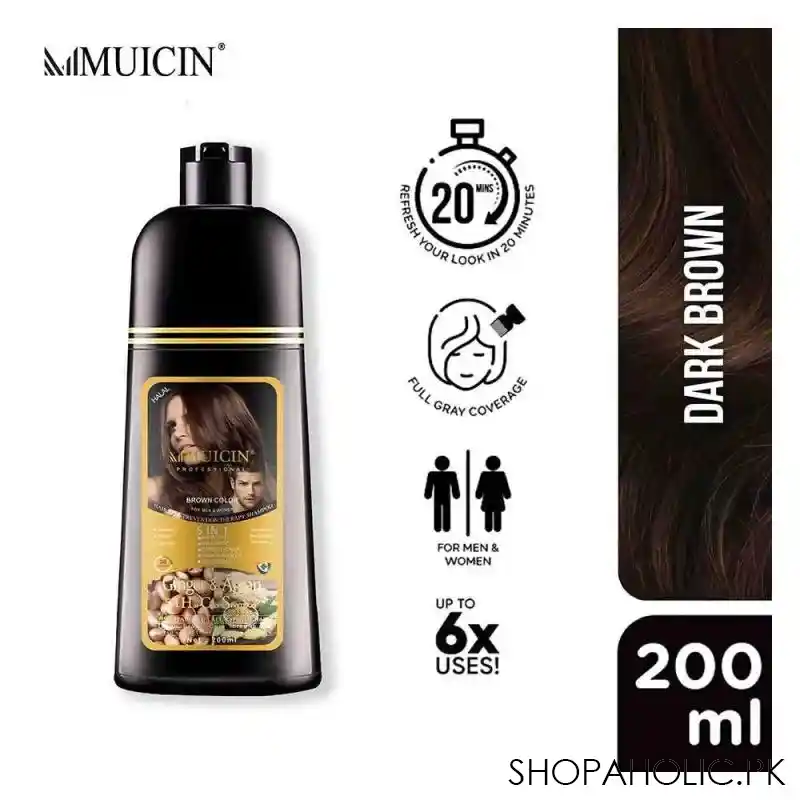 muicin ginger & argan 5 in 1 hair color shampoo, dark brown, for all hair types of men & women, 200ml main image