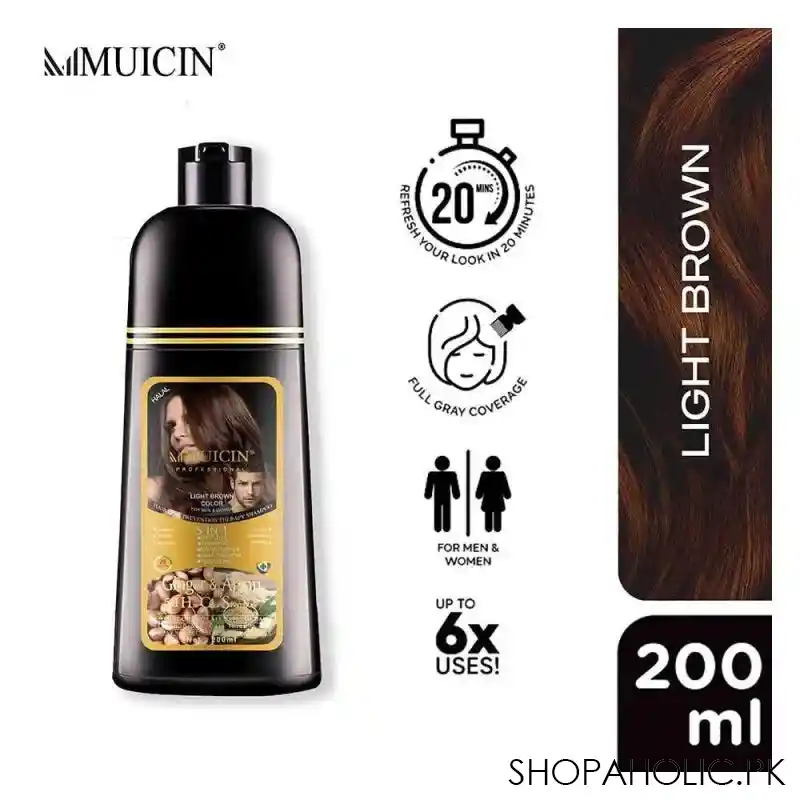 muicin ginger & argan 5 in 1 hair color shampoo, light brown, for all hair types, 200ml main image