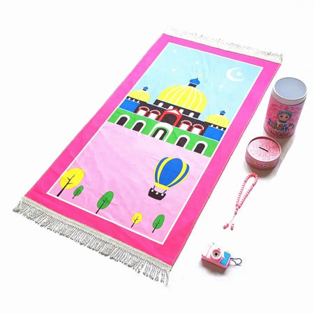 Kids Special Prayer Mat (Salah Mat) Set with Tasbeeh, Image Camera and Coin Box