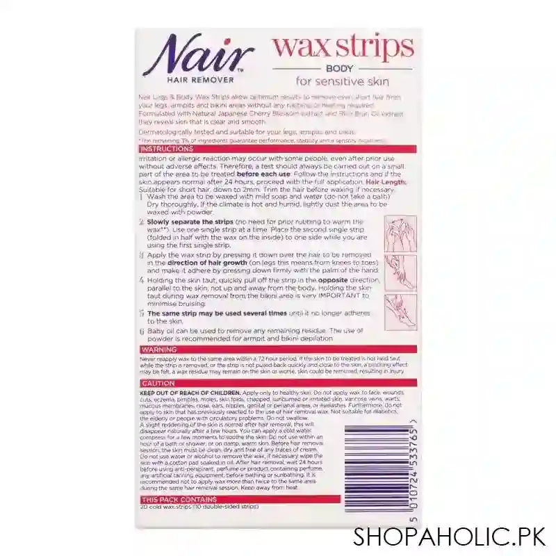 nair hair remover 97% natural origin formula sensitive skin body wax strips, 20 pack image2