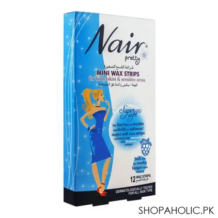 nair pretty mini wax strips, for body, bikini & sensitive areas, with chamomile & blueberry extract, 12 pack main image