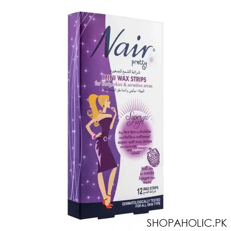 nair pretty mini wax strips, for body, bikini & sensitive areas, with chamomile & raspberry extract, 12 pack main image