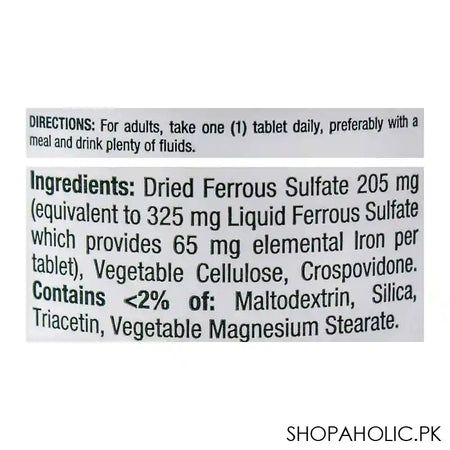 Nature's Bounty Iron + Ferrous Sulfate, 65mg + 325mg, 100 Tablets, Mineral Supplement - Image 2