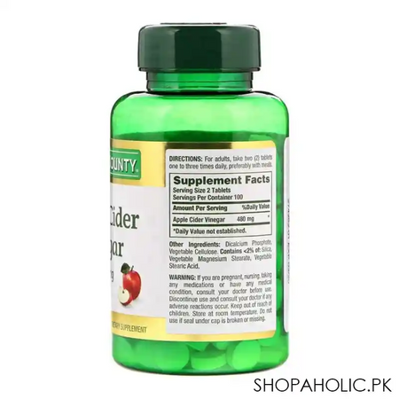 nature's bounty apple cider vinegar, 480mg, 200 tablets, vegetarian dietary supplement image2