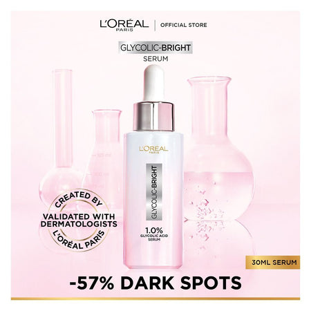 L'Oreal Paris Glycolic Bright Instant Glowing Serum, Reduces 57% Dark Spots, 30ml - Anti-Dark, Spot Brightening Face Serum - Main Image