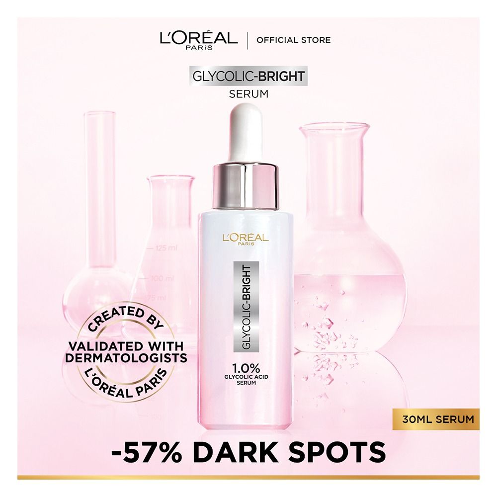 L'Oreal Paris Glycolic Bright Instant Glowing Serum, Reduces 57% Dark Spots, 30ml - Anti-Dark, Spot Brightening Face Serum - Main Image